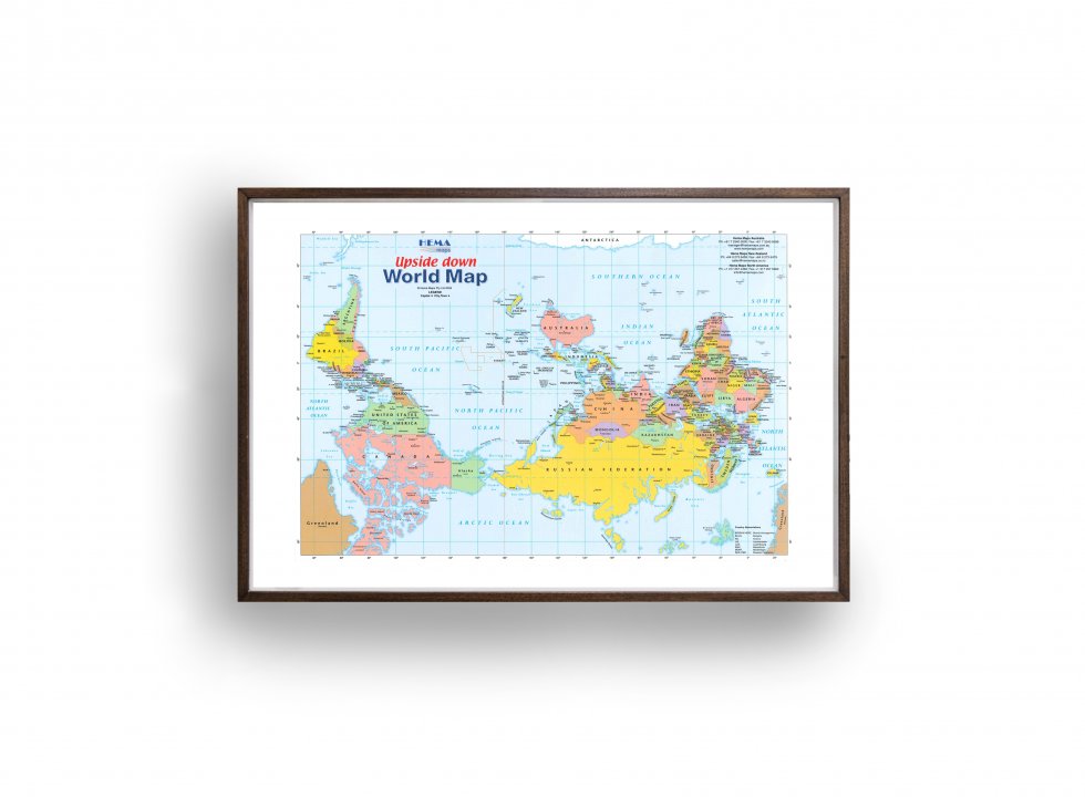 Upside-down world map World%20down%20under%20gerahmt